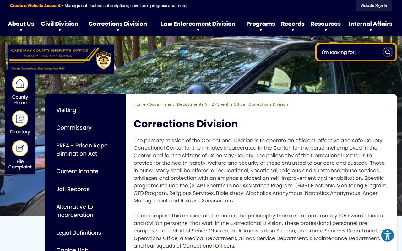 Cape May County Correctional Center inmate records and corrections division page
