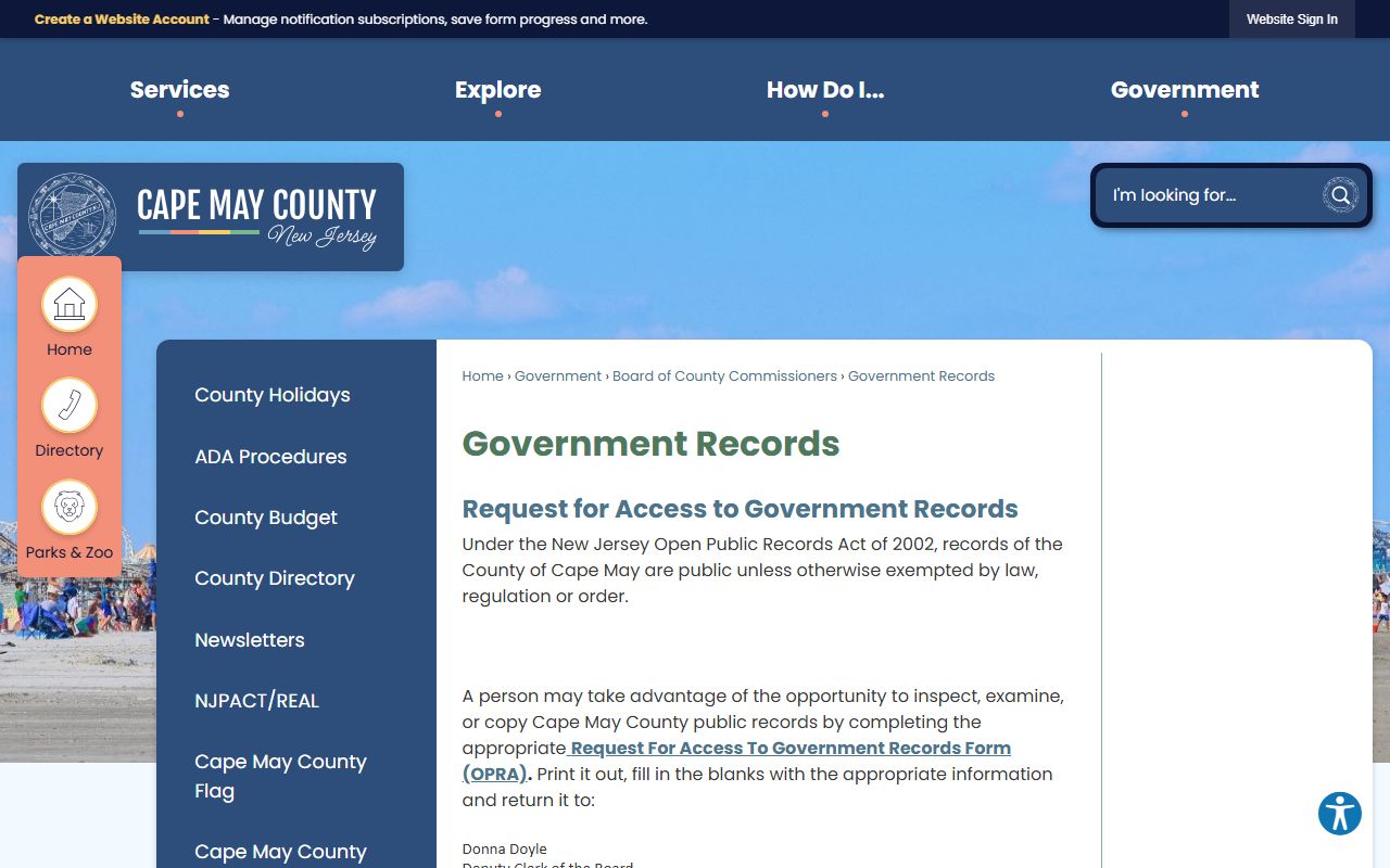 Cape May County booking photo OPRA records request page