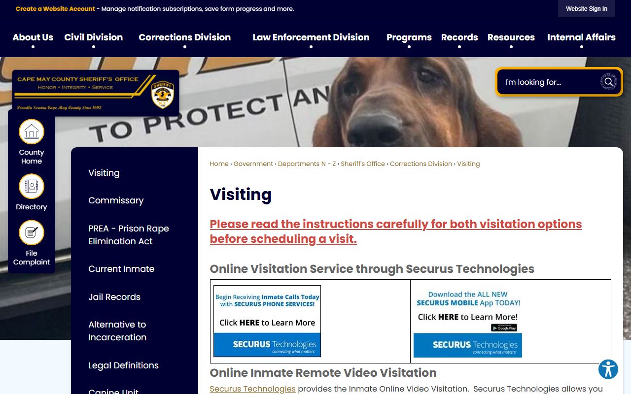 Cape May County Correctional Center inmate visitation schedule and Securus rules