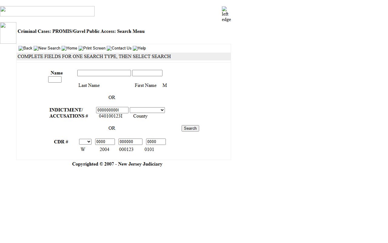 NJ Courts PROMIS Gavel Public Access search page for criminal court records